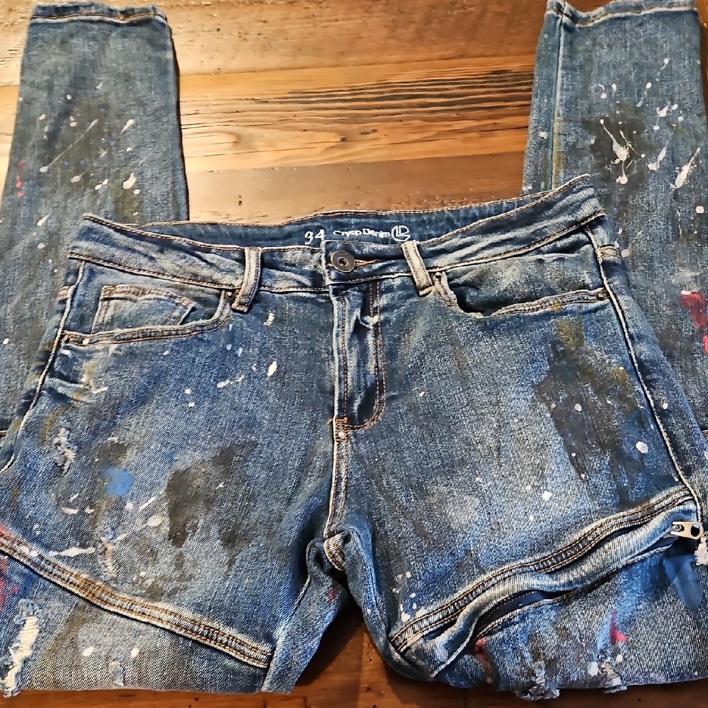 Crysp Denim Blue Paint-Splattered Jeans